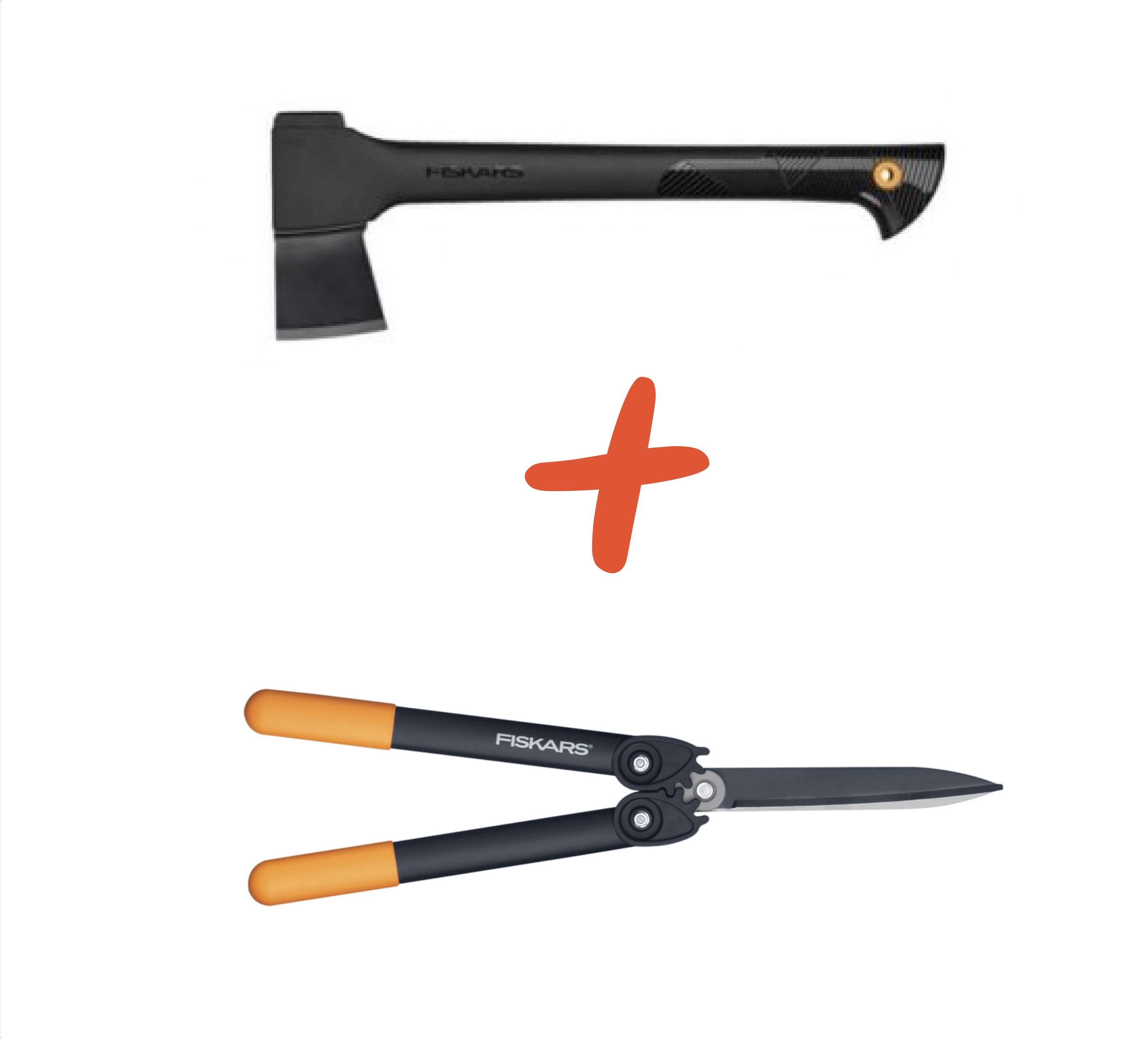 Набір Сокира теслярськаFiskars Solid A10 + Ножиці для кущів Fiskars PowerGear ™ з силовим приводом HS72 — фото